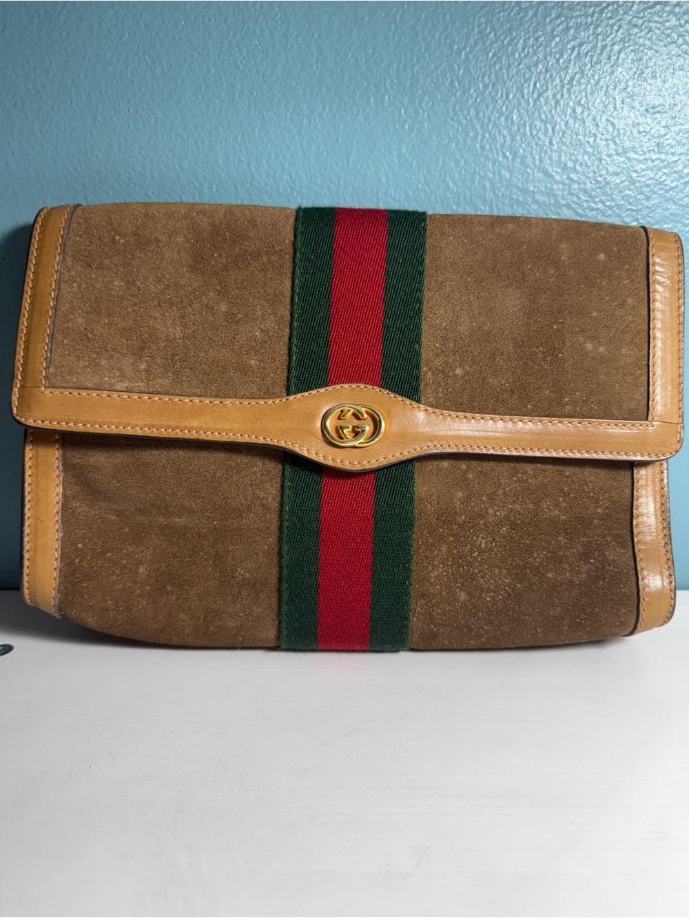 Authentic Vintage Gucci Brown Suede Clutch Bag - Web Stripe Sherry